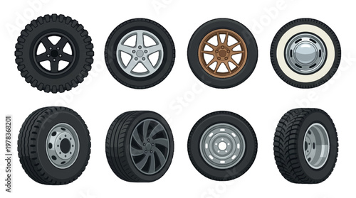 Different types of wheels shown on a flat surface with various designs and treads for vehicles in a simple layout