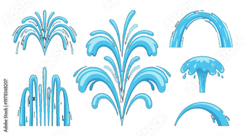 Various water fountain designs showcasing different styles and patterns in blue colors on a plain background during a daylight setting