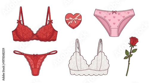 Various lingerie items and a heart-shaped gift with a rose displayed on a white background