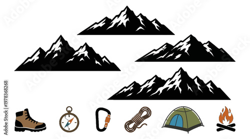 Mountains, camping gear, and outdoor elements displayed for hiking and adventure planning in a simple design format