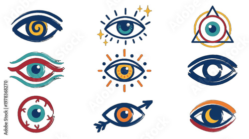 Different styles of eye illustrations show various designs and symbols used in art and culture for communication and expression