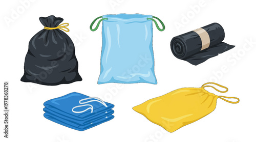 Different types of bags and wraps used for storage and organization in a household setting