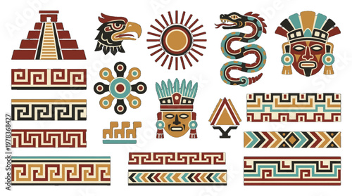 Ancient symbols and designs from pre-Columbian cultures on display in a creative arrangement