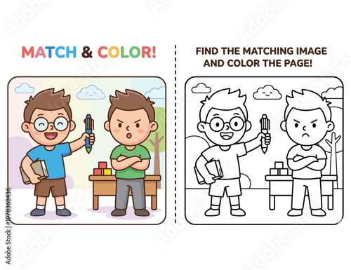 Children matching game with cartoon boys, find image and color page for kids.