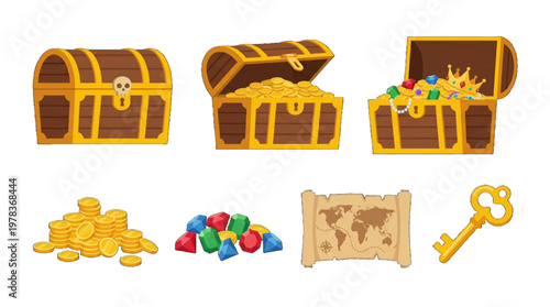 Treasure chests with coins, gems, and a map showing locations captured in a digital art style