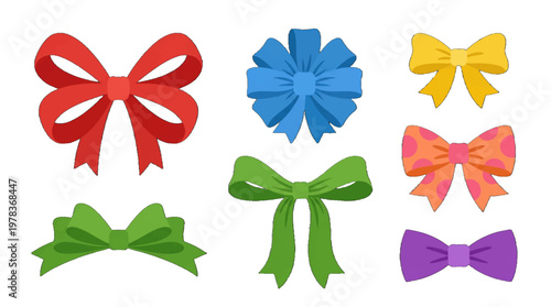Colorful bows in different shapes and sizes are displayed on a white background during a craft session for decorations