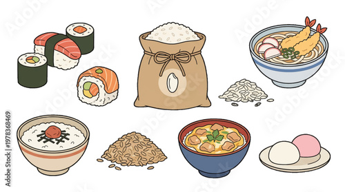 Different types of rice dishes and sushi with bowls and ingredients on a plain background