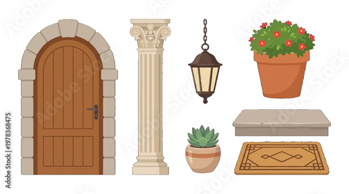 Decorative entrance elements including a door, column, lantern, plants, and a welcome mat arranged in a simple layout