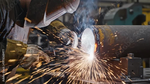 Industrial welding process with sparks for corporate presentations, business marketing, and commercial use