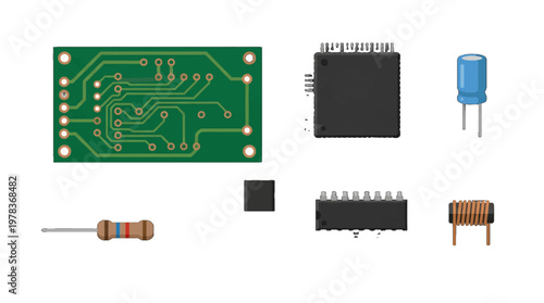 Circuit board and electronic components shown on a plain background with various parts displayed