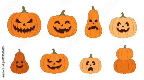 Halloween pumpkins with different faces during the fall season for decoration and celebration