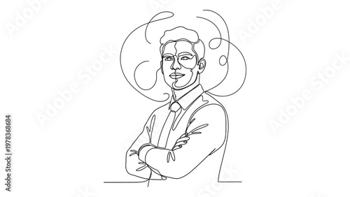 A man with arms crossed and a thoughtful expression. Continuous line style. Hand drawn. Line art. Vector design. illustration