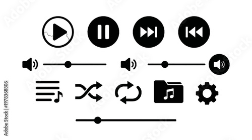 Icons for media controls and settings shown on a white background for easy access and understanding during use