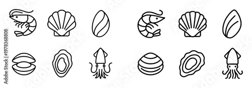 Seafood icons with shrimp and shell outline