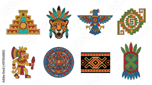 Colorful designs inspired by ancient cultures show animals, symbols, and patterns that tell stories and represent traditions from the past