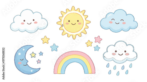 Sunny and rainy weather icons with clouds, sun, stars, and moon in a simple style for kids' designs and activities