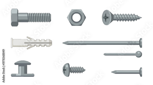Collection of different types of fasteners including screws, bolts, and nails arranged on a plain background for easy identification