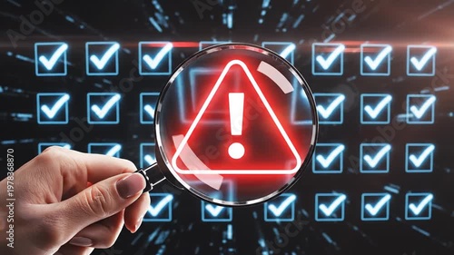 Hand holding magnifying glass over warning symbol for commercial backgrounds, digital design, and advertising