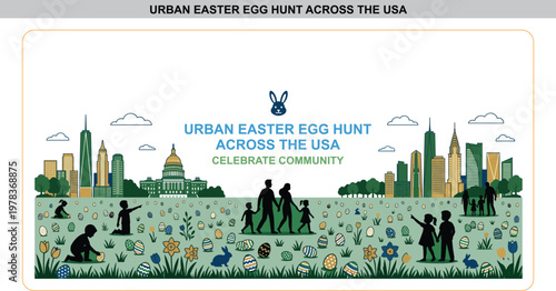 URBAN EASTER EGG HUNT ACROSS THE USA Family enjoying festive Easter egg hunt in green city park with beautiful skyline background during sunny spring holiday celebration event