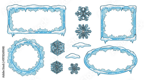 Winter decorations with snowflakes and ice frames displayed for seasonal use