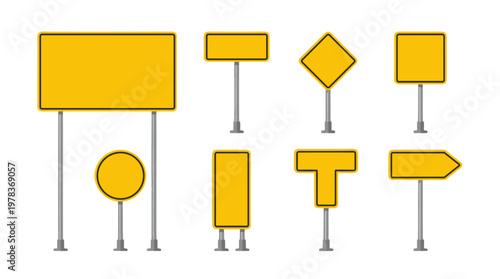 Different types of yellow road signs placed on poles with various shapes for traffic guidance in a city setting