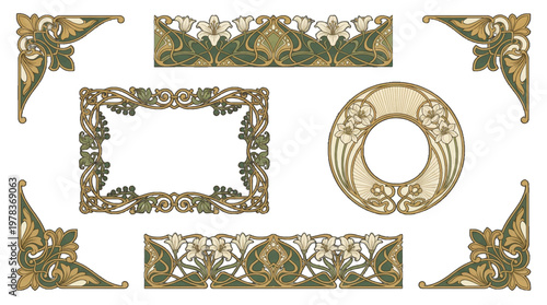 Decorative design elements featuring floral patterns and frame shapes in a vintage style from a craftsman workshop in the early afternoon
