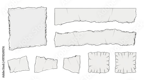 Different shapes of torn paper pieces on a plain background for design and craft projects