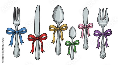 Different types of cutlery tied with colorful ribbons for a special dining occasion or event setup