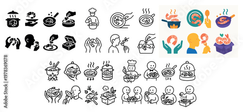 Food icons with bowl spoon chef colorful