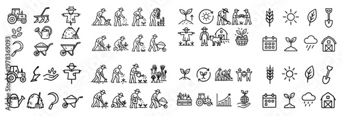 Agriculture icons with tractor farmer plant outline