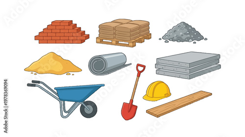 Construction materials and tools shown with bricks, cement, sand, gravel, and wheelbarrow on a white background
