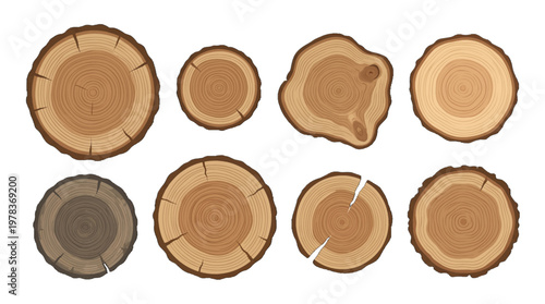 Different types of wood slices showing growth rings and textures from various trees and cut surfaces