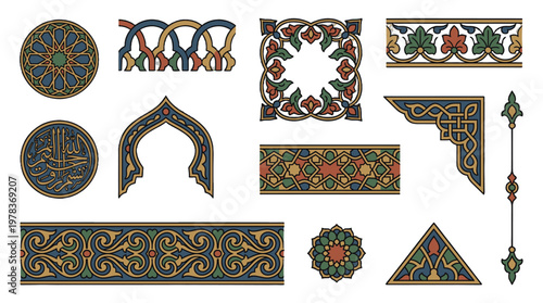 Art designs of traditional patterns and motifs inspired by cultural heritage and history in vibrant colors