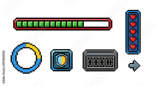 Various pixelated game interface elements showing health, progress, and status indicators in bright colors