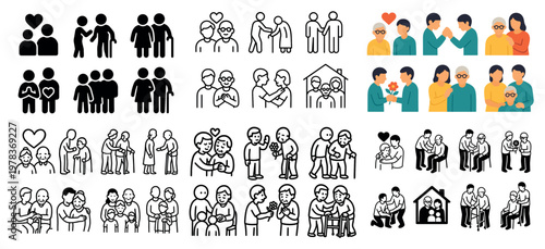 Eldercare icons with grandparents family comforting outline