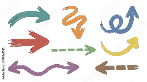 Various colorful arrows designed on a white background, showing different directions and movements for use in graphics or presentations