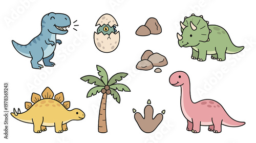 Dinosaurs, eggs, rocks, and palm trees in a playful scene with various dinosaur characters in a fun design