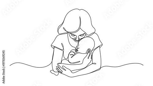 Continuous line drawing of a loving mother embracing her newborn baby, depicting maternal bond and tenderness in a minimalist style.