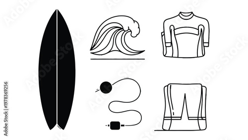 Surf Essentials: A collection of essential surfing elements, including a sleek surfboard, a dynamic wave, a wetsuit, a leash, and swim trunks, all rendered in a clean, modern style.