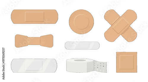 Bandages and Medical Tape arranged in various shapes and sizes for first aid use in a clinical setting
