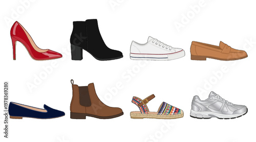 Different types of shoes displayed in a row showing various styles and colors for different occasions and uses