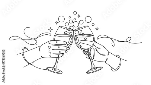 Continuous line art drawing of two hands clinking wine glasses in a celebratory toast with bubbles and sparkles.