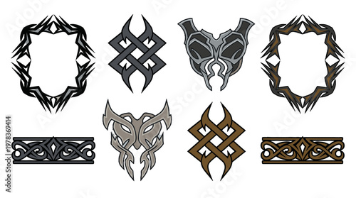 Various designs of tribal symbols on a white background created for artistic expression and cultural representation in a digital format