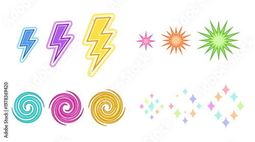 Colorful symbols of energy and movement show various shapes and patterns on a white background, suggesting action and excitement
