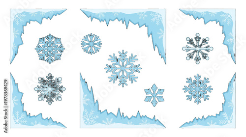 Snowflakes in winter scene with blue and white colors and patterns of snow on a plain background