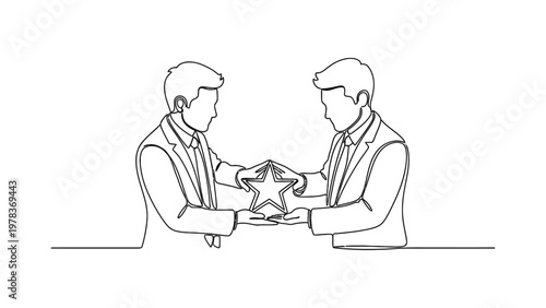 Two businessmen exchanging a star. Continuous line style. Hand drawn. Line art. Vector design. illustration