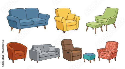 Different types of chairs and sofas arranged together in a simple layout with variety in colors and styles
