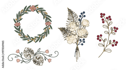 Floral designs with wreath and bouquet featuring flowers and leaves arranged in various styles for decoration