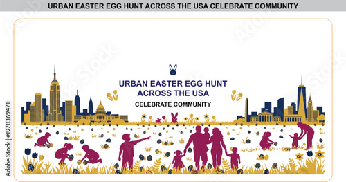 Urban Easter egg hunt across the USA vector illustration, happy family silhouettes searching for decorated eggs near city skyline landmarks.