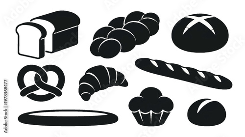 Variety of bread types displayed together on a white background showing different shapes and styles of baked goods
